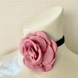 Warm Pink Silky Flower on a Black Velvet Choker, New